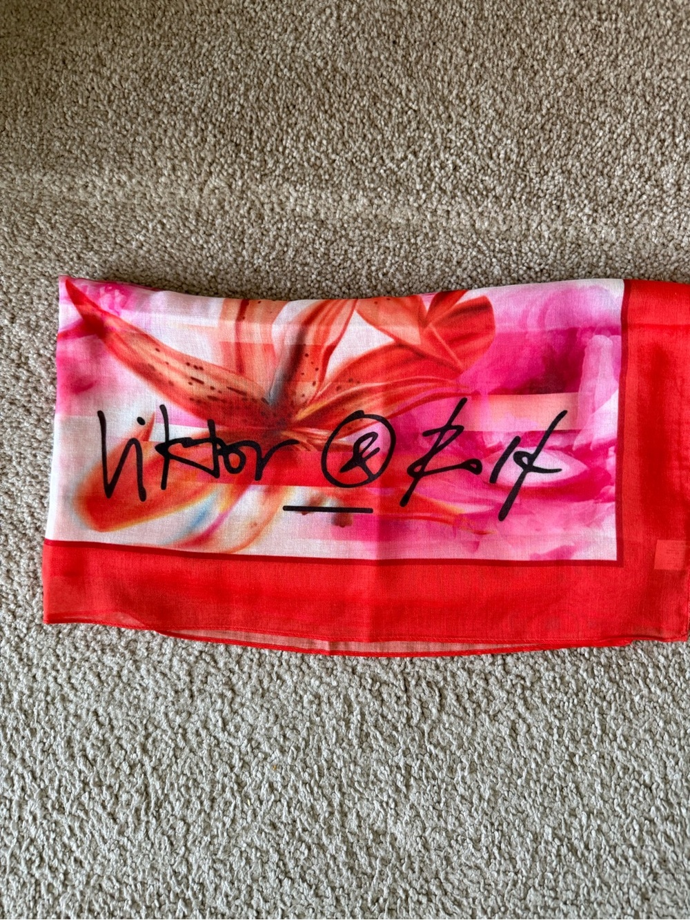 Viktor & Rolf Red and Pink Floral Silk Scarf with Signature Script